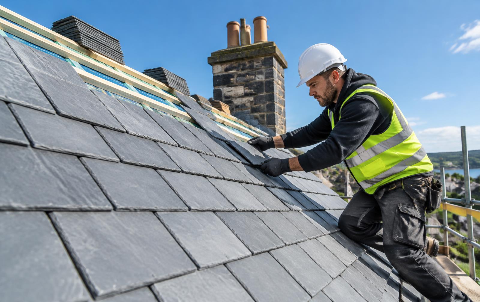 Roofer laying slate tiles on a house roof